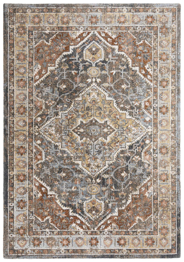 Detailed Rizzy JAS736 area rug in beige, dark red, gray, ivory, and rust. Traditional, farmhouse style with a central medallion pattern. Design-Rectangle