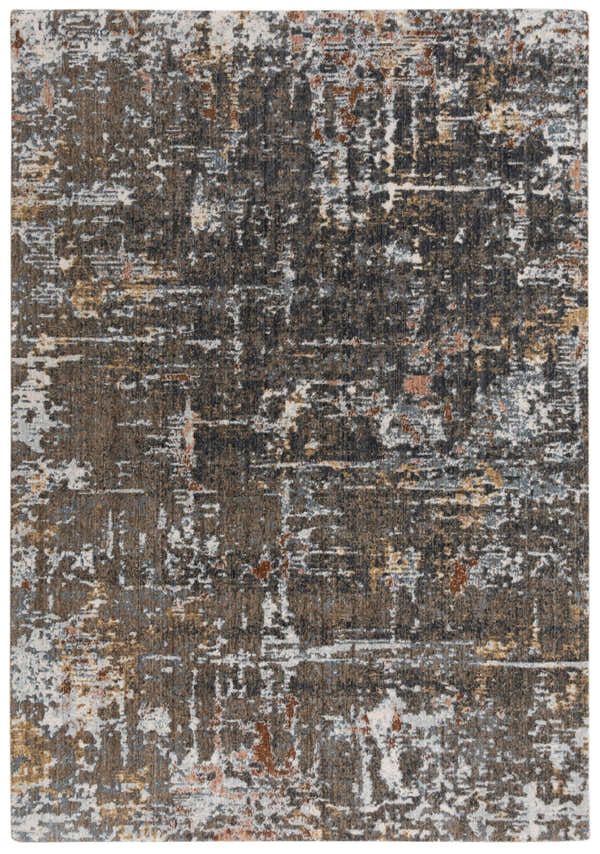 Close-up of the abstract Rizzy JAS738 area rug. Dark red, gray, brown, and white distressed pattern. Machine woven recycled polyester. Design-Rectangle