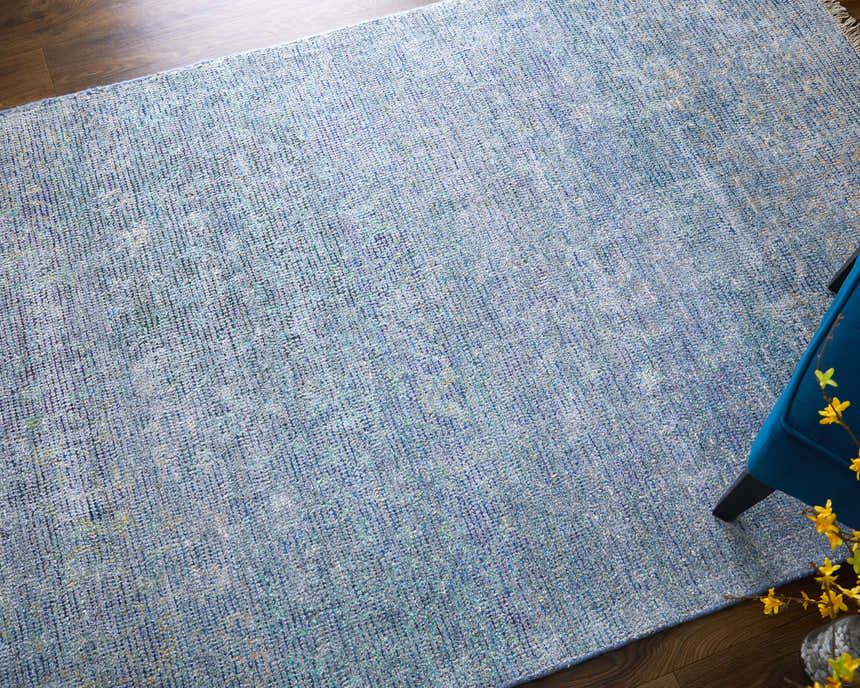 Close-up of the Feizy Caldwell Transitional Distressed Area Rug in blue and gray with a textured, hand-woven design. Roomscene-Rectangle