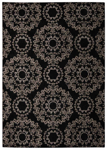Close-up of the Nourison Tranquility Black Bohemian Area Rug, featuring a medallion pattern on a black background.