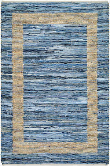 Close-up of the Ghita Recycled Blue Jean Rug. Hand-woven rug with blue denim and beige jute border. Contemporary style. Design-Rectangle-576
