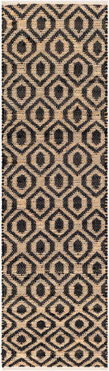 Close-up of the Isaye Charcoal Area Rug. Hand-woven jute and recycled fabric with a geometric diamond pattern in dark beige and black. Design-Runner-268