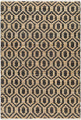 Close-up of the Isaye Charcoal Area Rug featuring a geometric dark gray and beige pattern, hand-woven jute texture. Design-Rectangle-576