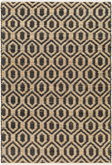 Close-up of the Isaye Charcoal Area Rug featuring a geometric dark gray and beige pattern, hand-woven jute texture. Design-Rectangle-576