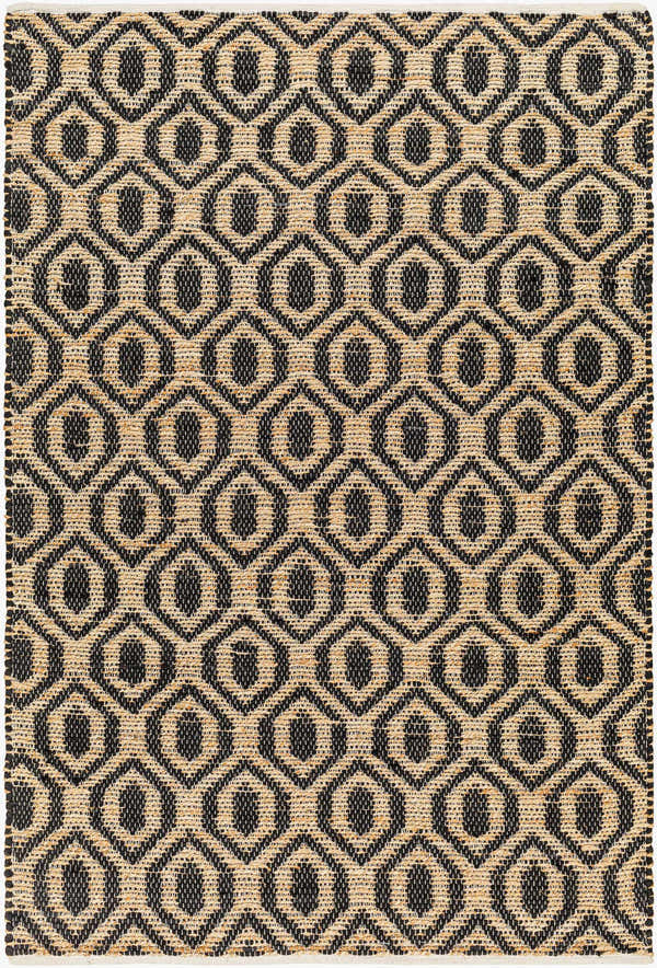 Close-up of the Isaye Charcoal Area Rug featuring a geometric dark gray and beige pattern, hand-woven jute texture. Design-Rectangle-576
