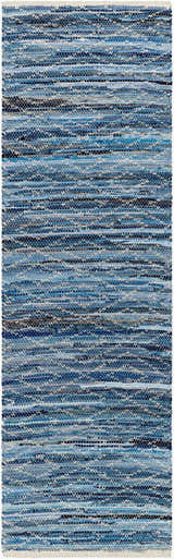 Close-up of the hand woven Gurit Blue Area Rug. Features stripes of arctic sky, navy, and silverton blue hues. Design-Runner-268