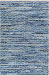Close-up of the hand woven Gurit Blue Area Rug. Features horizontal stripes of blue, gray, and white recycled fabric. Design-Rectangle-576