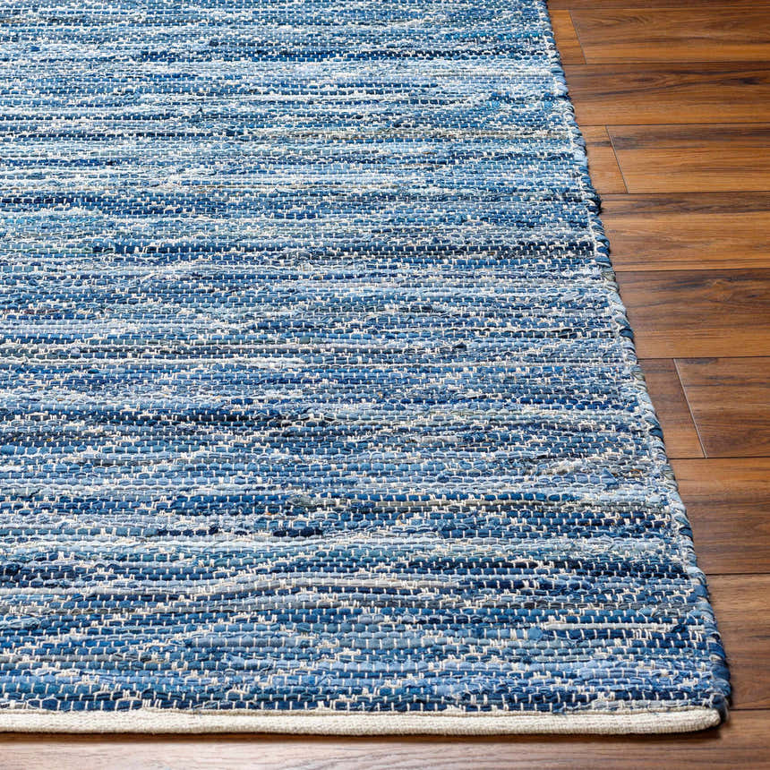 Close-up of the hand-woven Gurit Blue Area Rug. Features stripes in arctic sky, navy, and light gray on a wood floor. Front
