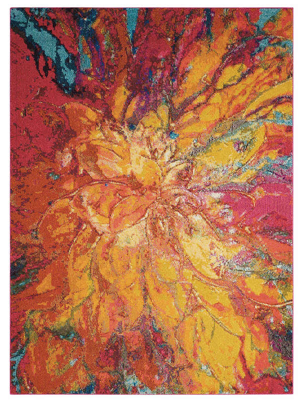 Close-up of Nourison Celestial Cayenne rug. Abstract floral design in cayenne, yellow, and turquoise. Contemporary style.