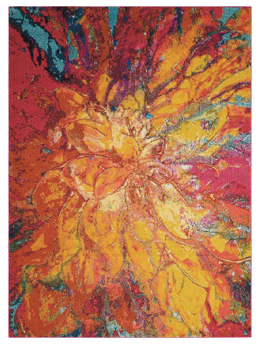Close-up of Nourison Celestial Cayenne rug. Abstract floral design in cayenne, yellow, and turquoise. Contemporary style.