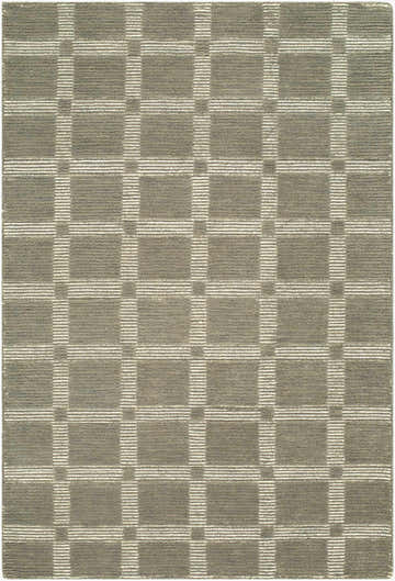 Close-up of the Rofoki Modern Minimalist Handmade Area Rug, featuring a stone gray and ivory geometric block pattern. Design-Rectangle-576