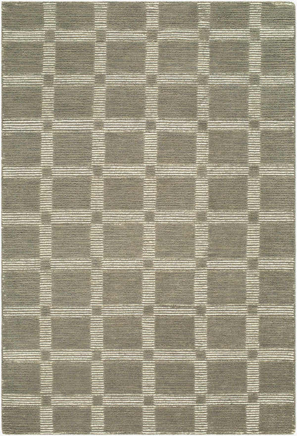Close-up of the Rofoki Modern Minimalist Handmade Area Rug, featuring a stone gray and ivory geometric block pattern. Design-Rectangle-576