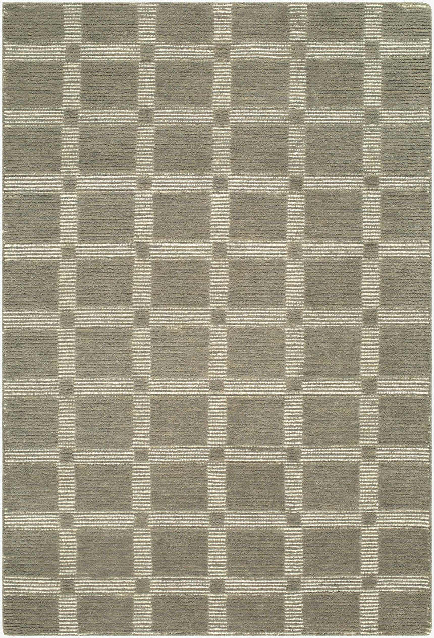 Close-up of the Rofoki Modern Minimalist Handmade Area Rug, featuring a stone gray and ivory geometric block pattern. Design-Rectangle-576