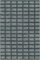 Close-up of the Pumoma Modern Minimalist Handmade Area Rug. Charcoal and ivory striped pattern in a rectangular shape. Design-Rectangle-576