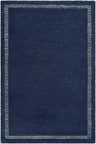 Close-up of the Tufape Modern Minimalist Handmade Area Rug; rectangle shape, slate gray wool with thin purple border. Design-Rectangle-576