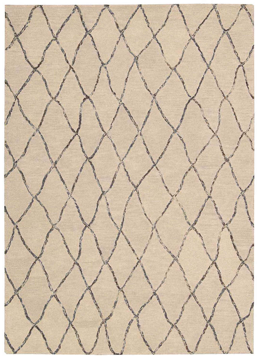 Close-up of the Barclay Butera Intermix Sand Area Rug, featuring a diamond trellis pattern and wool texture.