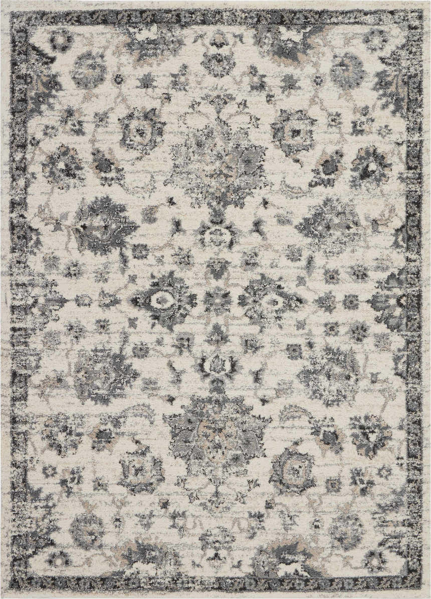 Close-up of Nourison Fusion Cream Grey Vintage Indoor Area Rug, featuring a floral pattern and distressed texture.