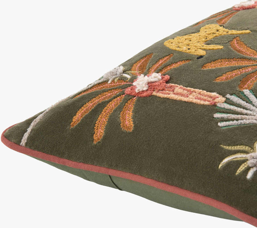 Verdan Dark Green Modern Botanical Floral Cotton Accent Pillow - Clearance