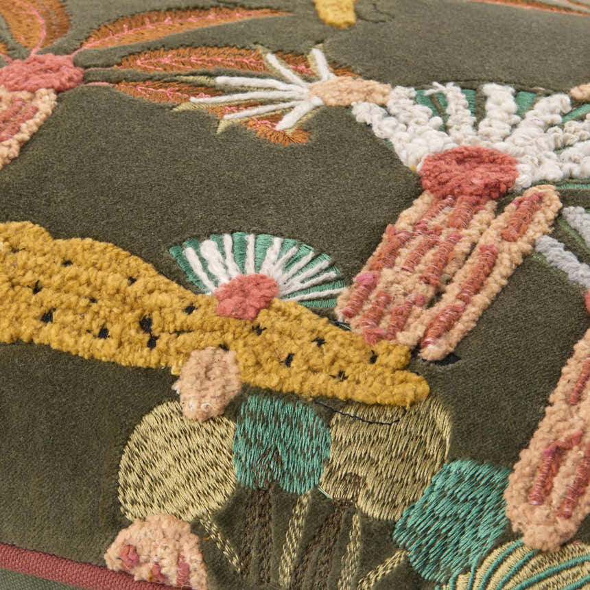 Verdan Dark Green Modern Botanical Floral Cotton Accent Pillow - Clearance