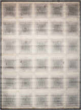 Close-up of Nourison Utopia Shell rug, featuring a modern, grid-like pattern in shell and gray tones. Mid-century modern style.