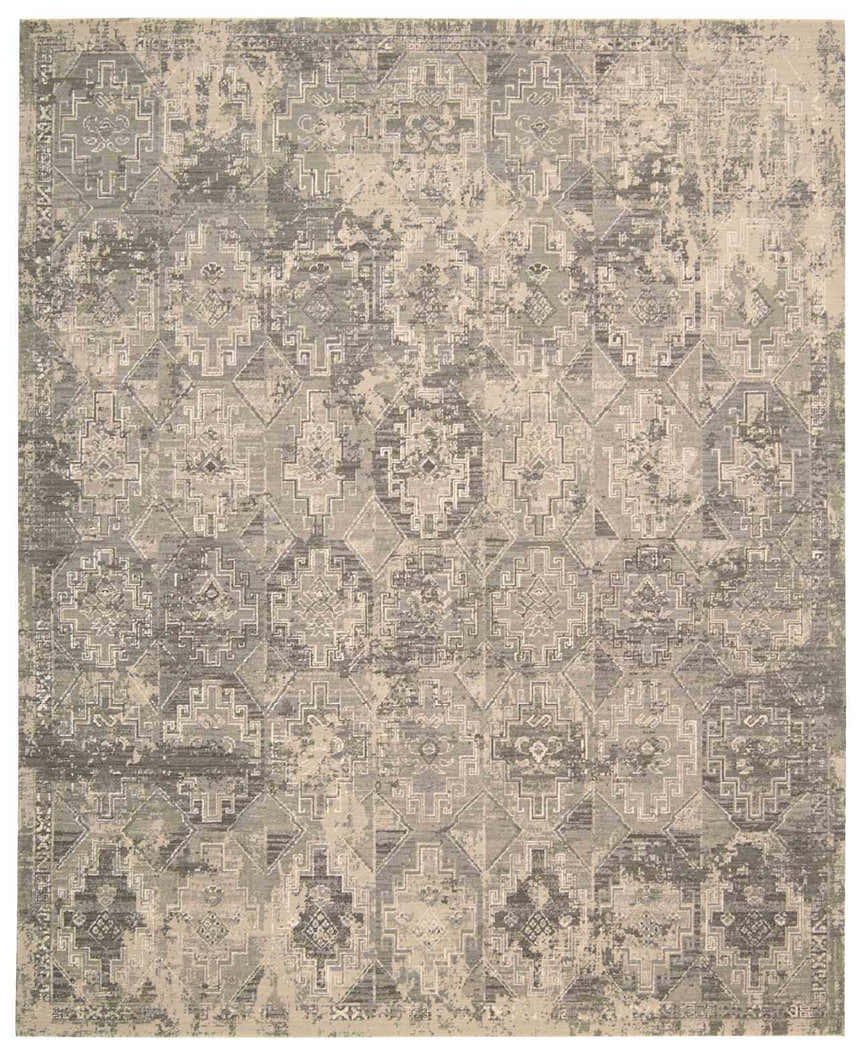 Close-up of the Nourison Silk Elements Mushroom Persian rug, showcasing its detailed traditional pattern and soft, neutral colors.
