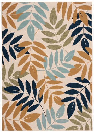Close-up of Nourison Caribbean Ivory rug. Chestnut, blue, and green leaves pattern on a cream background. Contemporary style.