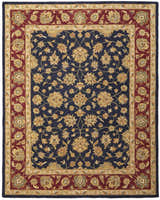 Close-up of Feizy Wagner Traditional Oriental Rug; blue field, red border, gold floral pattern. Hand-tufted wool rug. Design-Rectangle