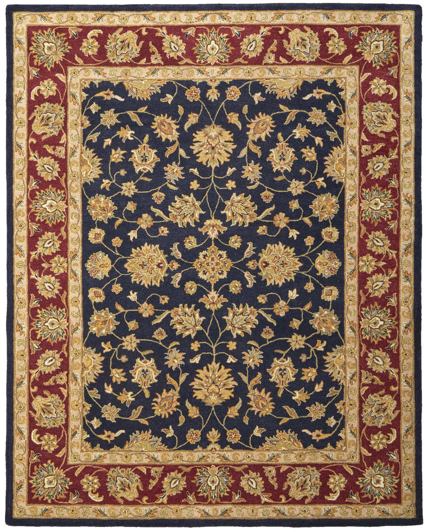 Close-up of Feizy Wagner Traditional Oriental Rug; blue field, red border, gold floral pattern. Hand-tufted wool rug. Design-Rectangle