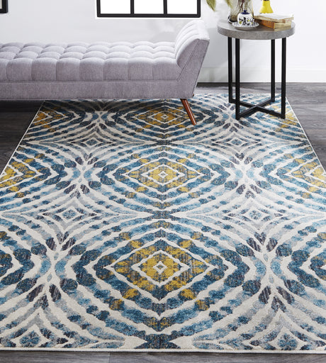 Feizy Keats Transitional Abstract - Blue/Ivory/Yellow Area Rug - Clearance