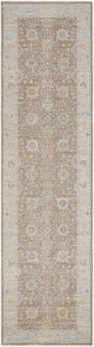 Close-up of a Keao Thick Luxe Area Rug runner with a traditional amber, taupe, and brown floral pattern. Design-Runner-2710