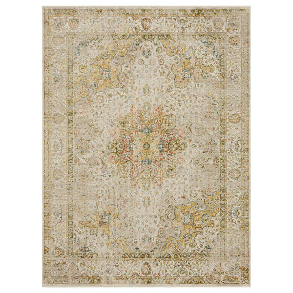 Detailed view of the Karastan Keepsake Cream Area Rug, featuring a traditional floral pattern in cream, gold, and muted colors. Design-Rectangle