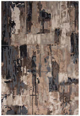 Close-up of the Rizzy KIN533 area rug. Contemporary design with beige, charcoal, brown, and gray abstract pattern. Hand-tufted texture. Design-Rectangle