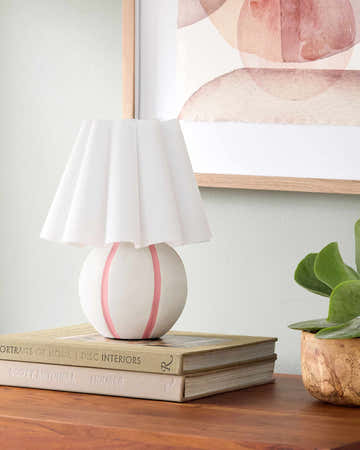 Pink Striped Round Table Lamp with Wavy Linen Shade
