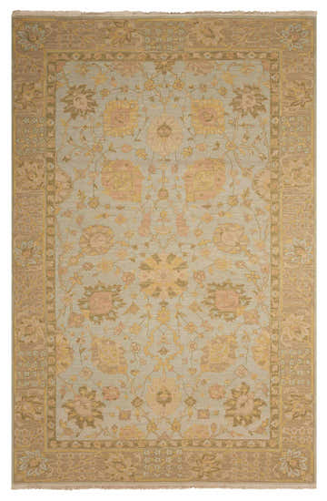 Handmade Nourison Nourmak Mint Vintage Area Rug with floral pattern in green, gold, and tan. 100% wool texture.