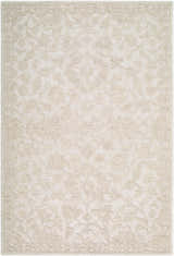 Close-up of the Eligia Hybapi rug. Hand-tufted wool rug in ecru, ivory, and sandstone with a traditional floral pattern. Design-Rectangle-576