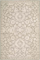 Close-up of the Eligia Movili Traditional Handmade Area Rug. Beige, ivory, and taupe floral pattern on a hand-tufted wool rug. Design-Rectangle-576