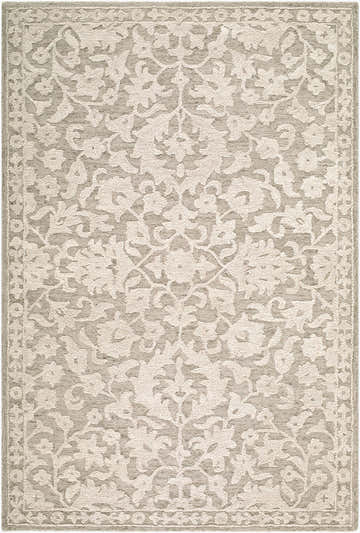 Close-up of the Eligia Movili Traditional Handmade Area Rug. Beige, ivory, and taupe floral pattern on a hand-tufted wool rug. Design-Rectangle-576