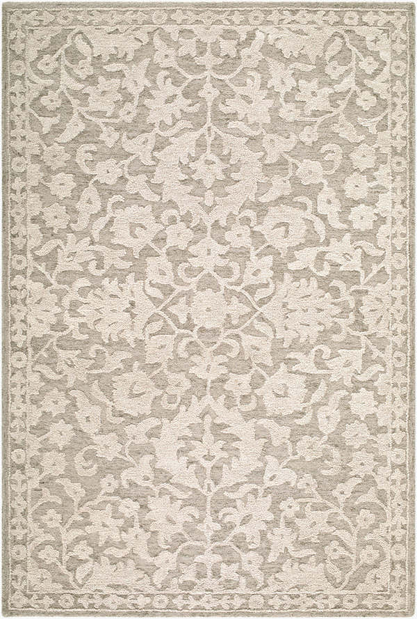 Close-up of the Eligia Movili Traditional Handmade Area Rug. Beige, ivory, and taupe floral pattern on a hand-tufted wool rug. Design-Rectangle-576