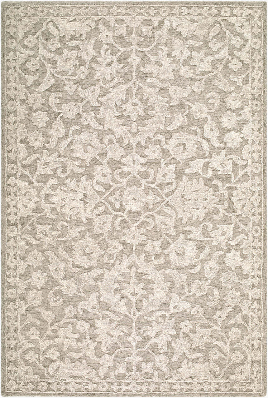 Close-up of the Eligia Movili Traditional Handmade Area Rug. Beige, ivory, and taupe floral pattern on a hand-tufted wool rug. Design-Rectangle-576