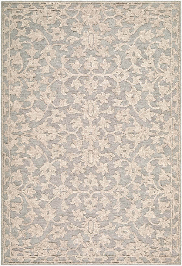 Close-up of the Hiromi Cugydu rug. Hand-tufted wool rug in beige, cream, and taupe with a traditional floral pattern. Design-Rectangle-576