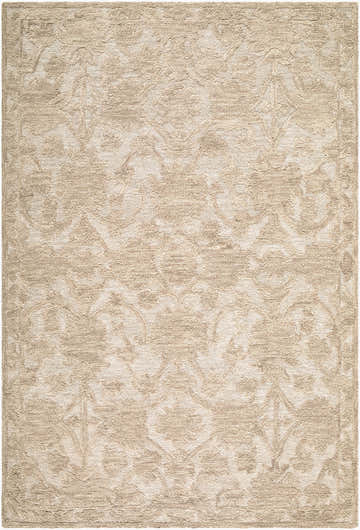 Close-up of the Lanica Hutyno rug. Hand-tufted wool rug in beige, sandstone, and taupe with a traditional floral pattern. Design-Rectangle-576
