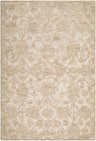 Close-up of the Lanica Hutyno rug. Hand-tufted wool rug in beige, sandstone, and taupe with a traditional floral pattern. Design-Rectangle-576