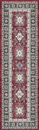 Detailed Nourison Fulton Red Vintage Area Rug featuring geometric patterns and a distressed, timeless design.