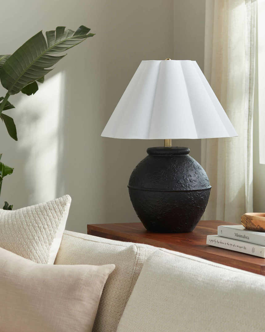 Dark Gray Rustic Table Lamp with linen details for bedside or console tables