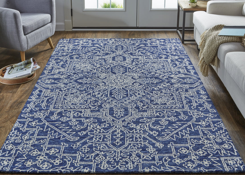 Feizy Belfort Transitional Medallion - Blue/Ivory Area Rug - Clearance