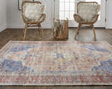 Entryway with Feizy Percy rug in red, tan, and blue, wicker chairs, and a woven basket. Roomscene-Rectangle