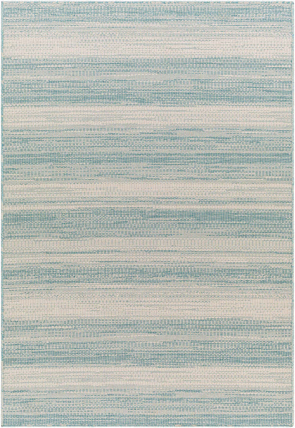 Close up of the Kris Teal Area Rug showing its woven texture and striped teal and cream pattern. Design-Rectangle-517