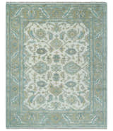 Hand Knotted Oriental Oushak Teal, Ivory and Beige Custom Made Wool Area Rug