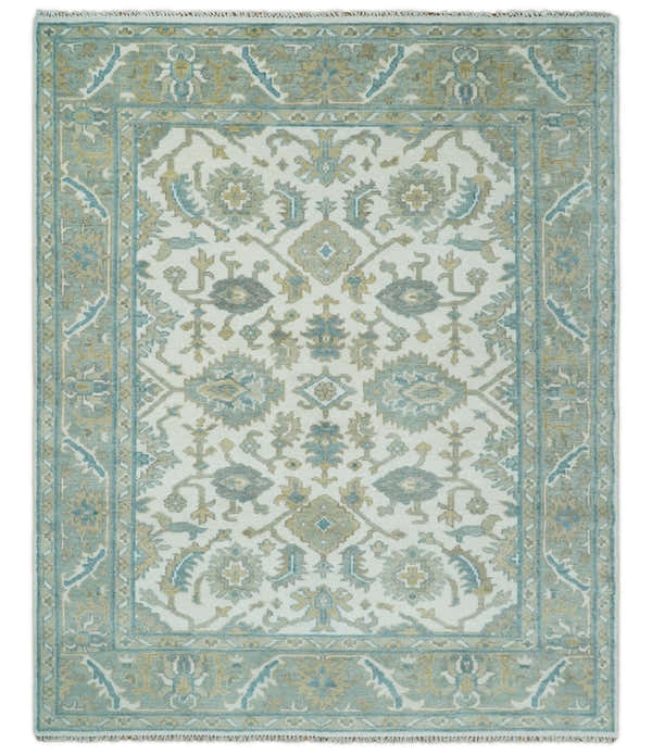 Hand Knotted Oriental Oushak Teal, Ivory and Beige Custom Made Wool Area Rug
