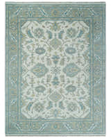 Hand Knotted Oriental Oushak Teal, Ivory and Beige Custom Made Wool Area Rug